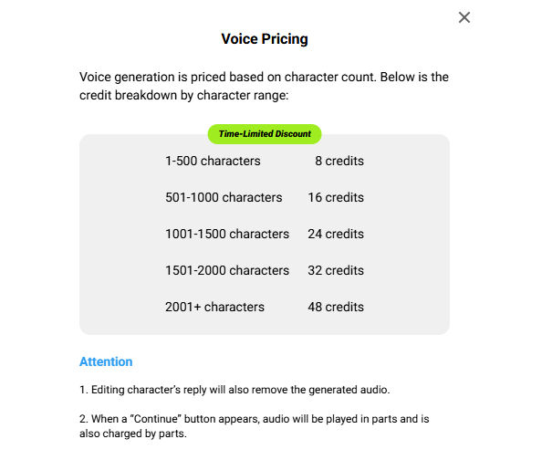 A screenshot of a Voice Pricing on the Crushonai platform, showcasing a guide of how to promote users' experience with Crushonai's voice on